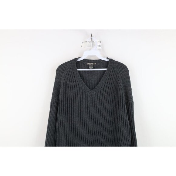 Vintage 90s Eddie Bauer Mens 3XLT Faded Heavy Cotton Ribbed Knit Sweater Gray - Picture 2 of 10